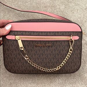Michael Kors Brown MK Signature Crossbody with Pink Trim and Gold Chain